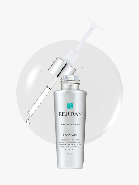 Rejuran Turnover Ampoule gray serum bottle on light gray background