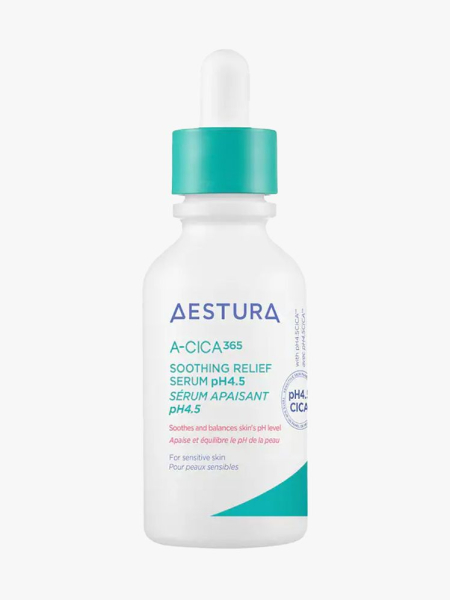 Aestura A-Cica365 Soothing Relief Serum pH4.5 in branded component on a light gray background